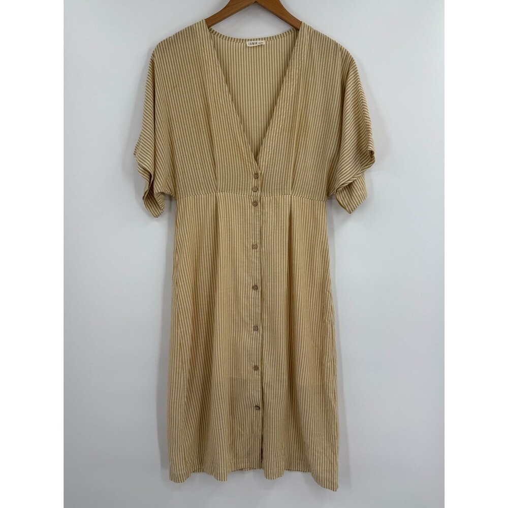 Lunik Stripe Button-Front Midi Dress | Tan/Cream | Medium